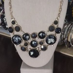 Faux Black Marbeled Gemstone Necklace. Gold Tone link chain. Vintage Look!